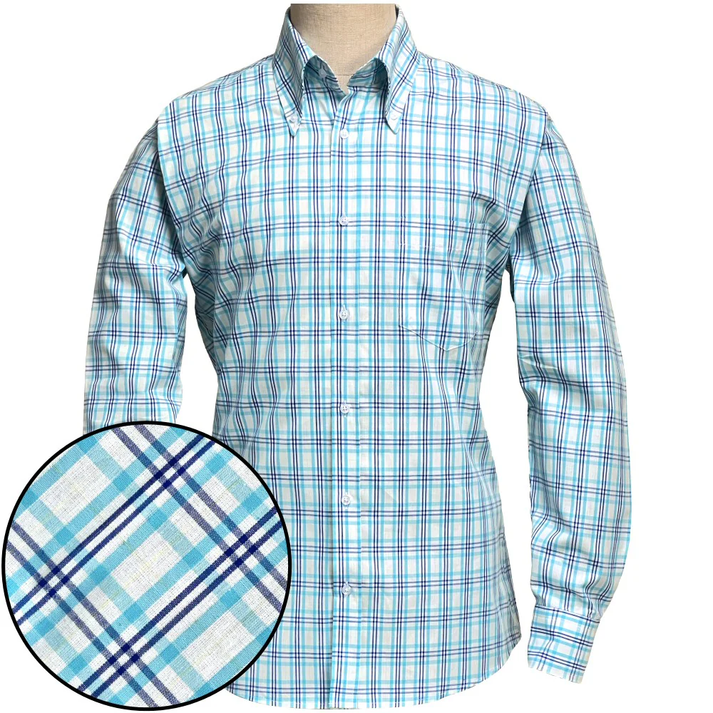 Adaptor Clothing Check Long Sleeve Button Down Shirt Turquoise