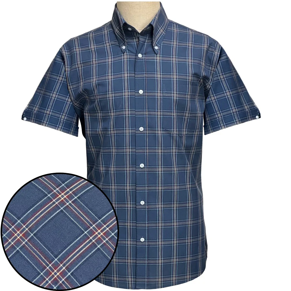 Adaptor Clothing Check Short Sleeve Button Down Shirt Mid Blue