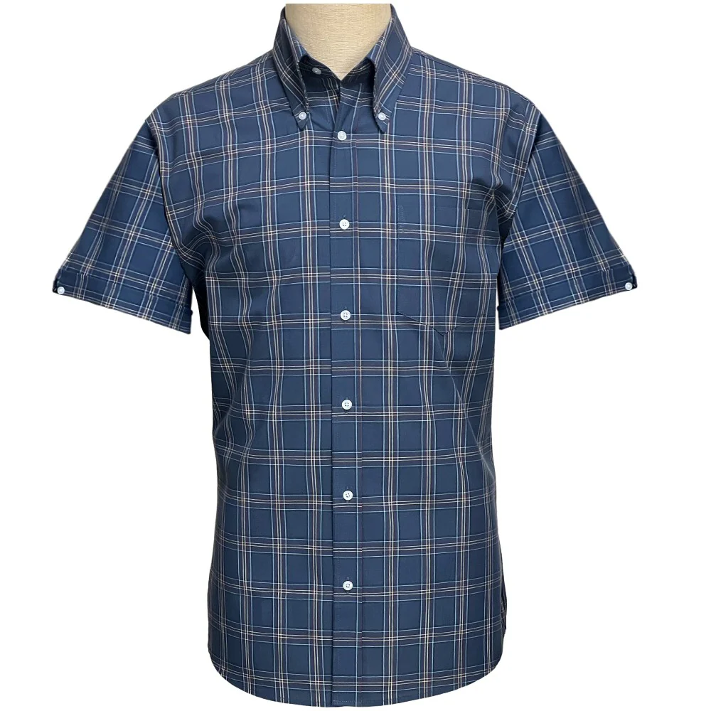 Adaptor Clothing Check Short Sleeve Button Down Shirt Mid Blue - Image 2