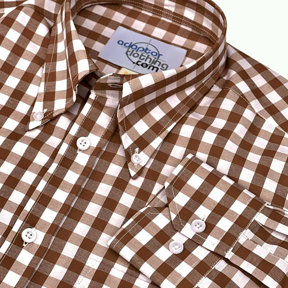 Adaptor Clothing Gingham Long Sleeve Button Down Shirt Brown - Image 3