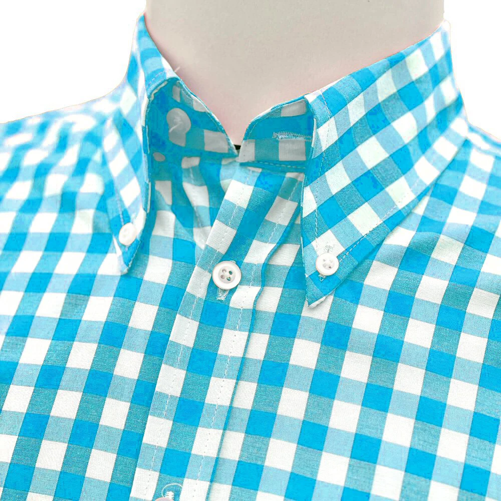 Adaptor Clothing Gingham Short Sleeve Button Down Shirt Aqua - Image 3
