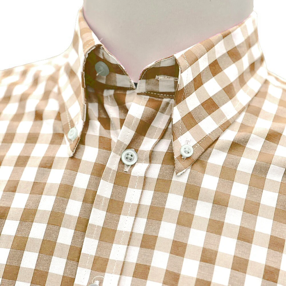 Adaptor Clothing Gingham Short Sleeve Button Down Shirt Stone - Image 2