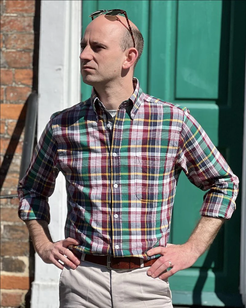 Authentic Classic Madras Check Button Down Shirt Green Wine - Image 3