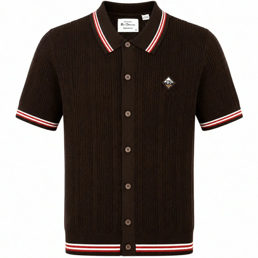 Ben Sherman Airtex Drop Stitch Knit Cardigan Brown