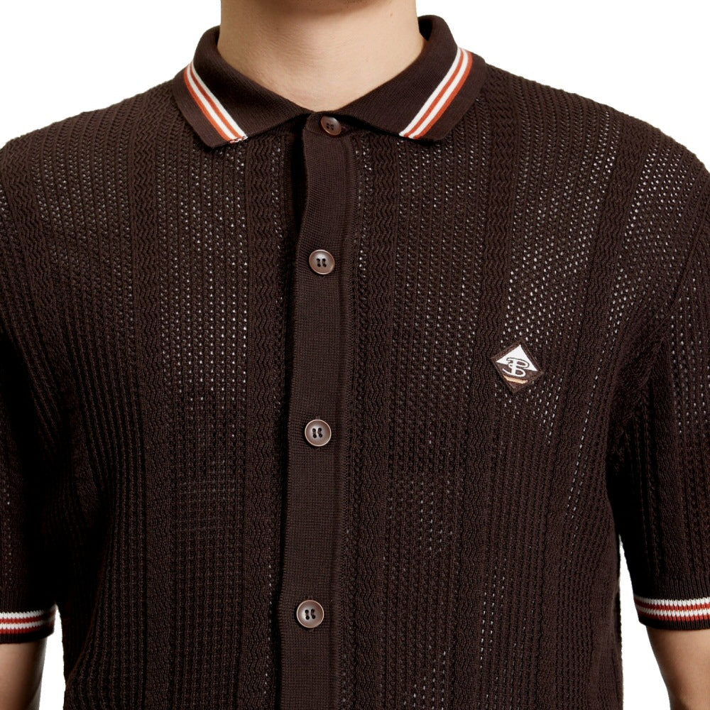 Ben Sherman Airtex Drop Stitch Knit Cardigan Brown - Image 3