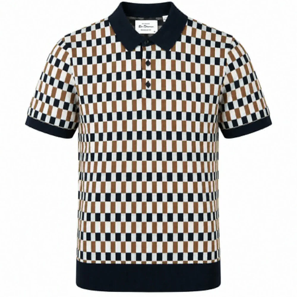 Ben Sherman Multi Checkerboard Knit Polo Shirt Navy Tan - Image 3
