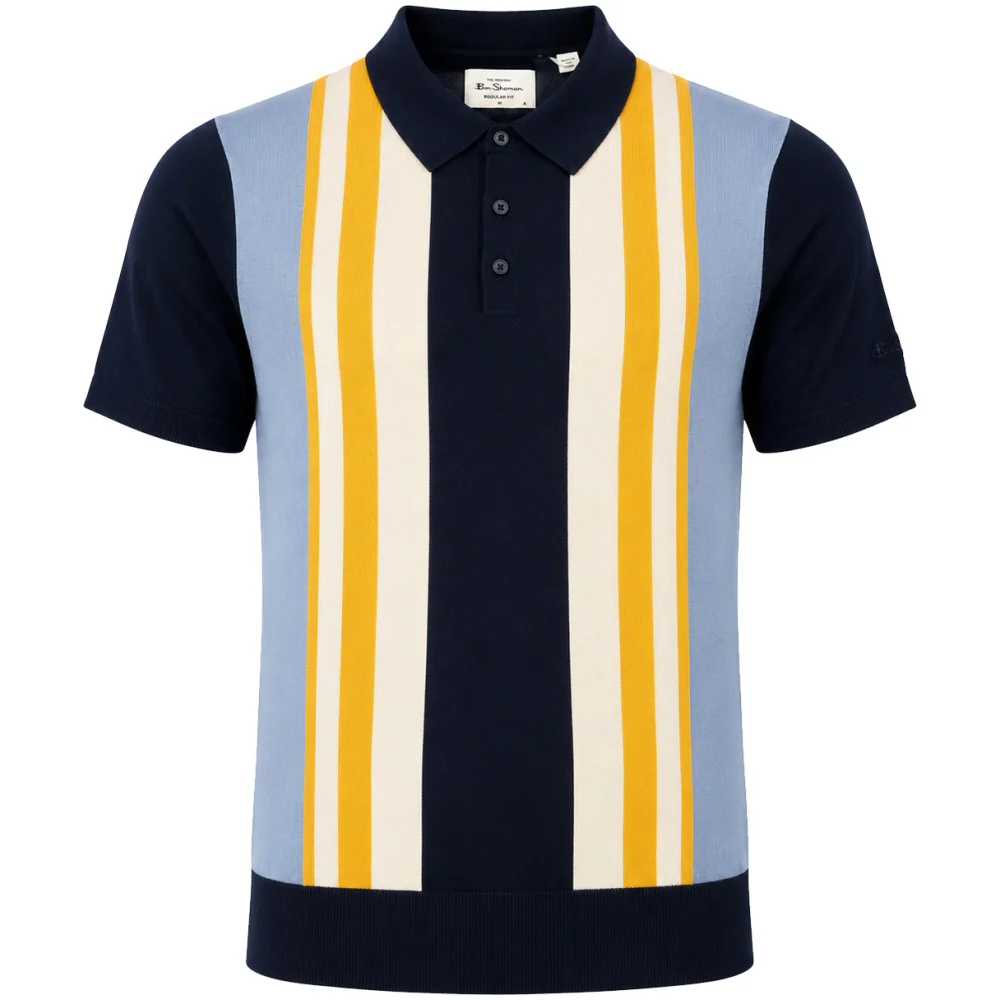 Ben Sherman Multi Stripe 3 Button Knit Polo Shirt Navy