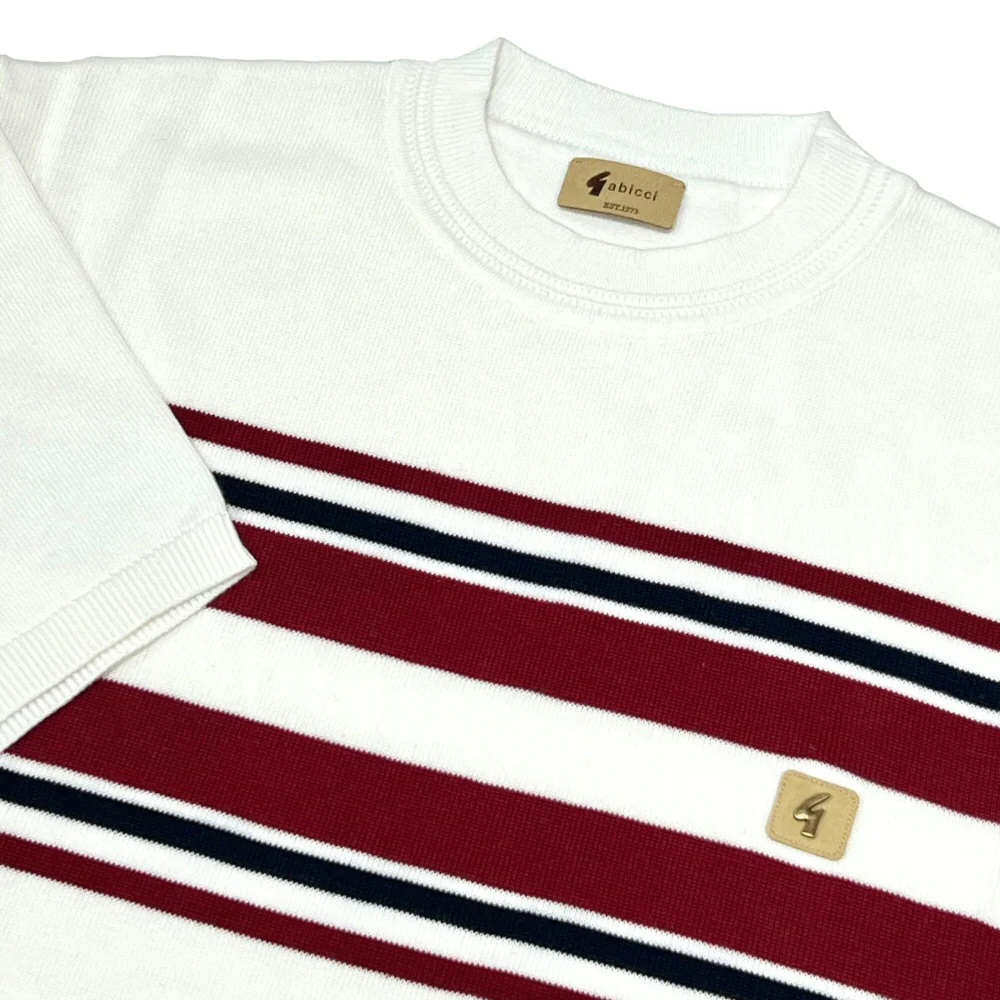 Gabicci Vintage Mod Chest Stripe Fine Gauge Crew Neck White - Image 2