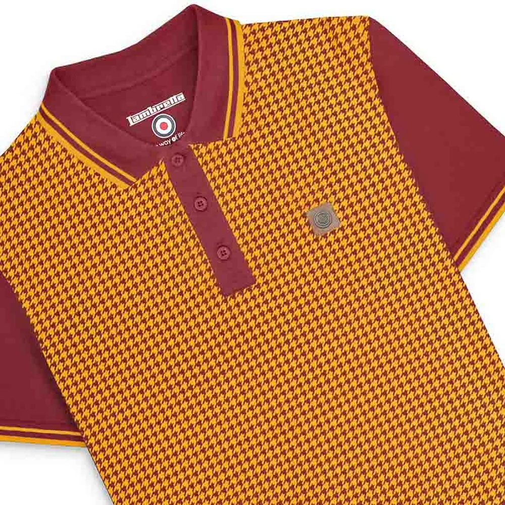 Lambretta 3 Button Twin-Tipped Dogtooth Print Polo Shirt Burgundy / Gold - Image 3