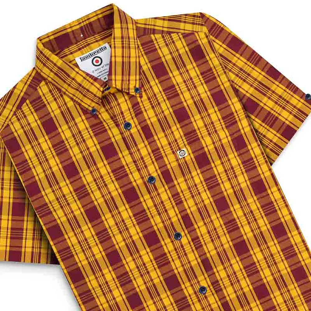 Lambretta Check Button Down Shirt Burgundy Gold - Image 3