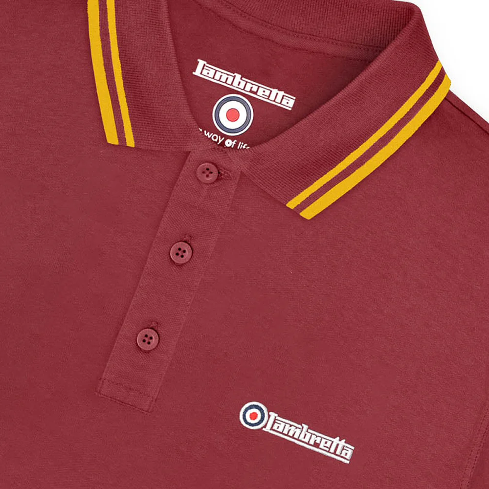 Lambretta Target Logo 3 Button Twin-Tipped Pique Polo Shirt Burgundy / Gold - Image 3