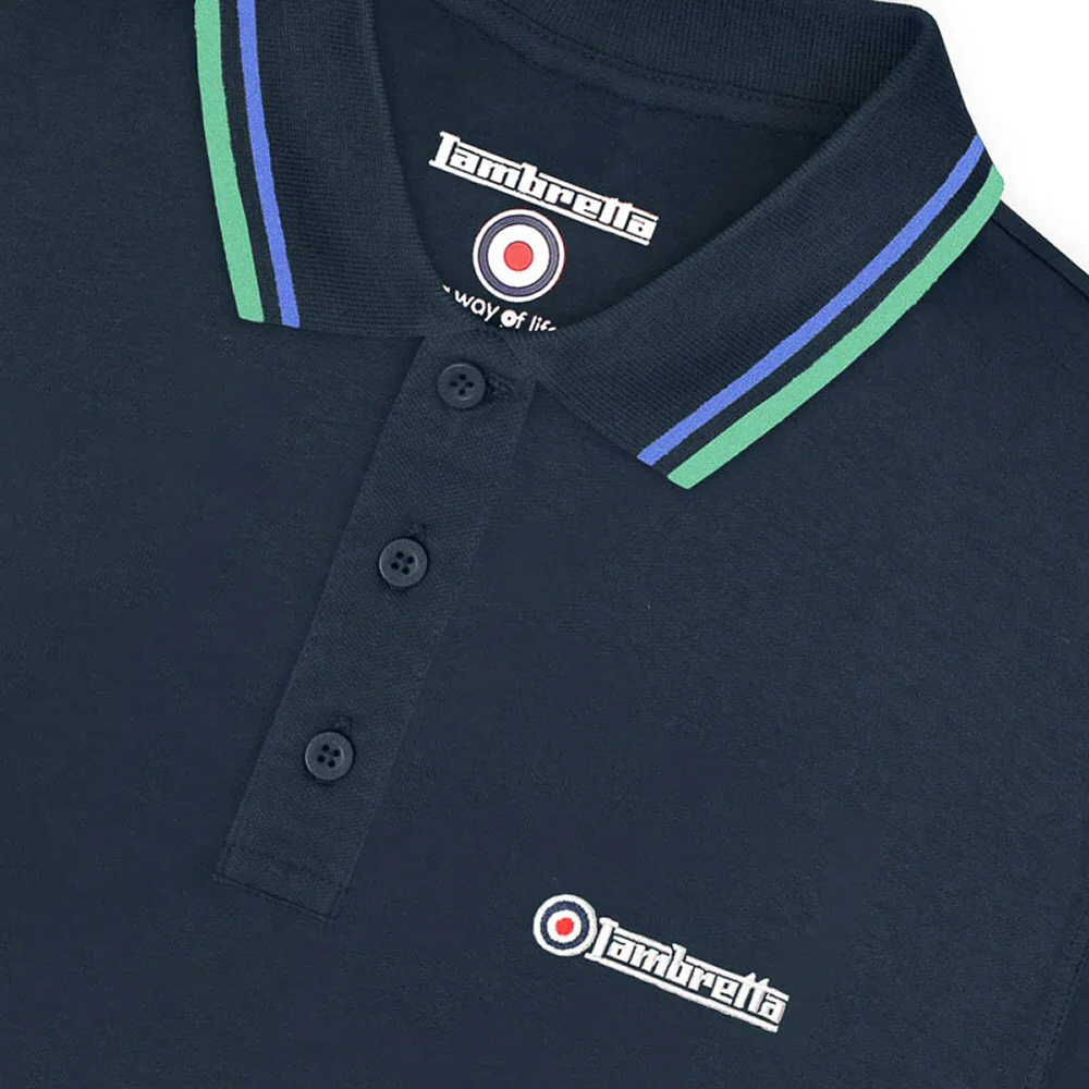 Lambretta Target Logo 3 Button Twin-Tipped Pique Polo Shirt Navy Blue / Mint - Image 3