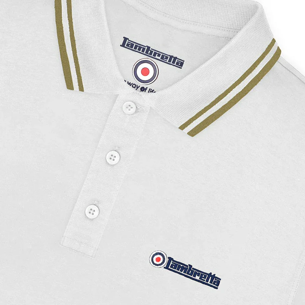 Lambretta Target Logo 3 Button Twin-Tipped Pique Polo Shirt White / Sand - Image 3