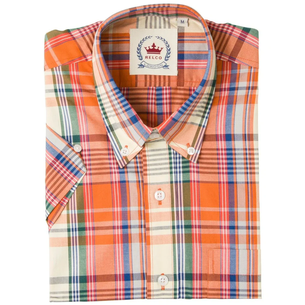 Relco Button Down Check Short Sleeve Shirt Burnt Orange - Image 2