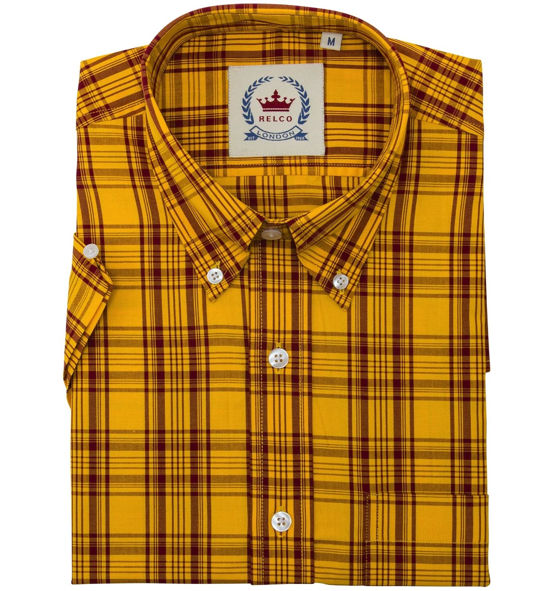 Relco Button Down Check Short Sleeve Shirt Mustard And Burgundy - Image 3