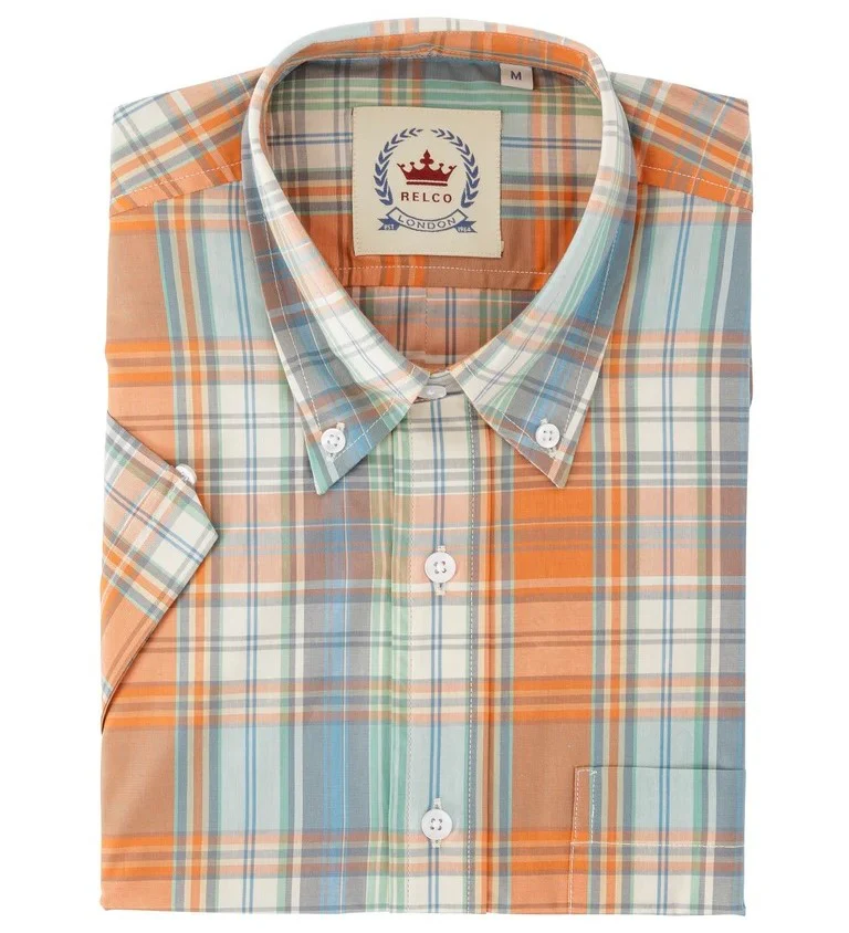 Relco Button Down Check Short Sleeve Shirt Orange / Blue - Image 3