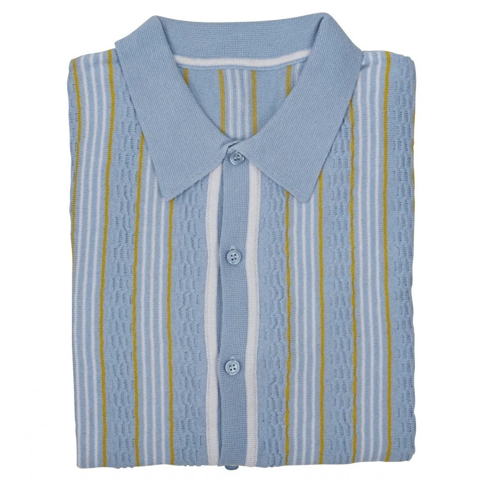 Relco Knitted Button Through Stripe Polo Cardi Sky - Image 2