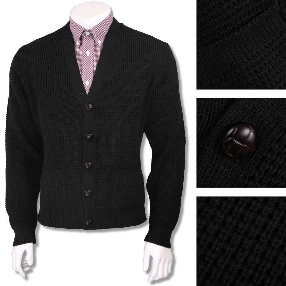 Skinhead Mod Pocket Waffle Knit Cardigan "leather" Football Buttons - Image 4