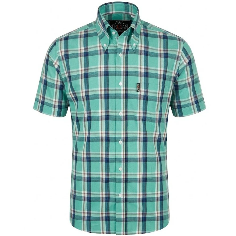 Trojan Records Classic Plaid Check Shirt With Pocket Square Turquoise