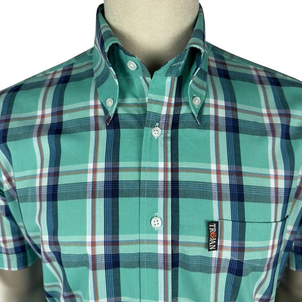 Trojan Records Classic Plaid Check Shirt With Pocket Square Turquoise - Image 2