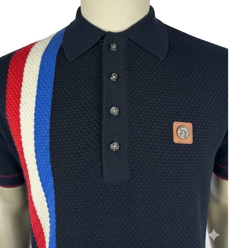 Trojan Records Fine Gauge Knit Racing Stripe Polo Navy - Image 2