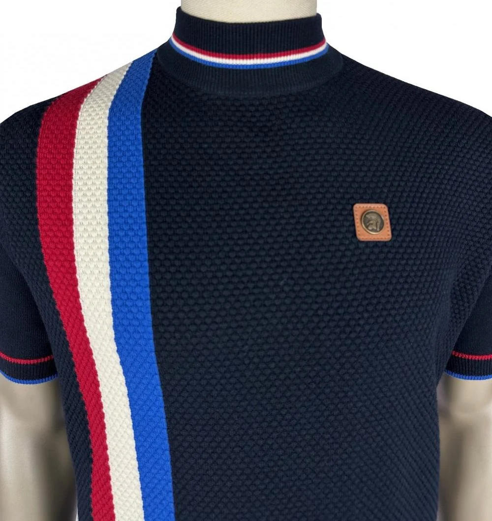 Trojan Records Fine Gauge Knit Racing Stripe Turtle Neck Navy - Image 2