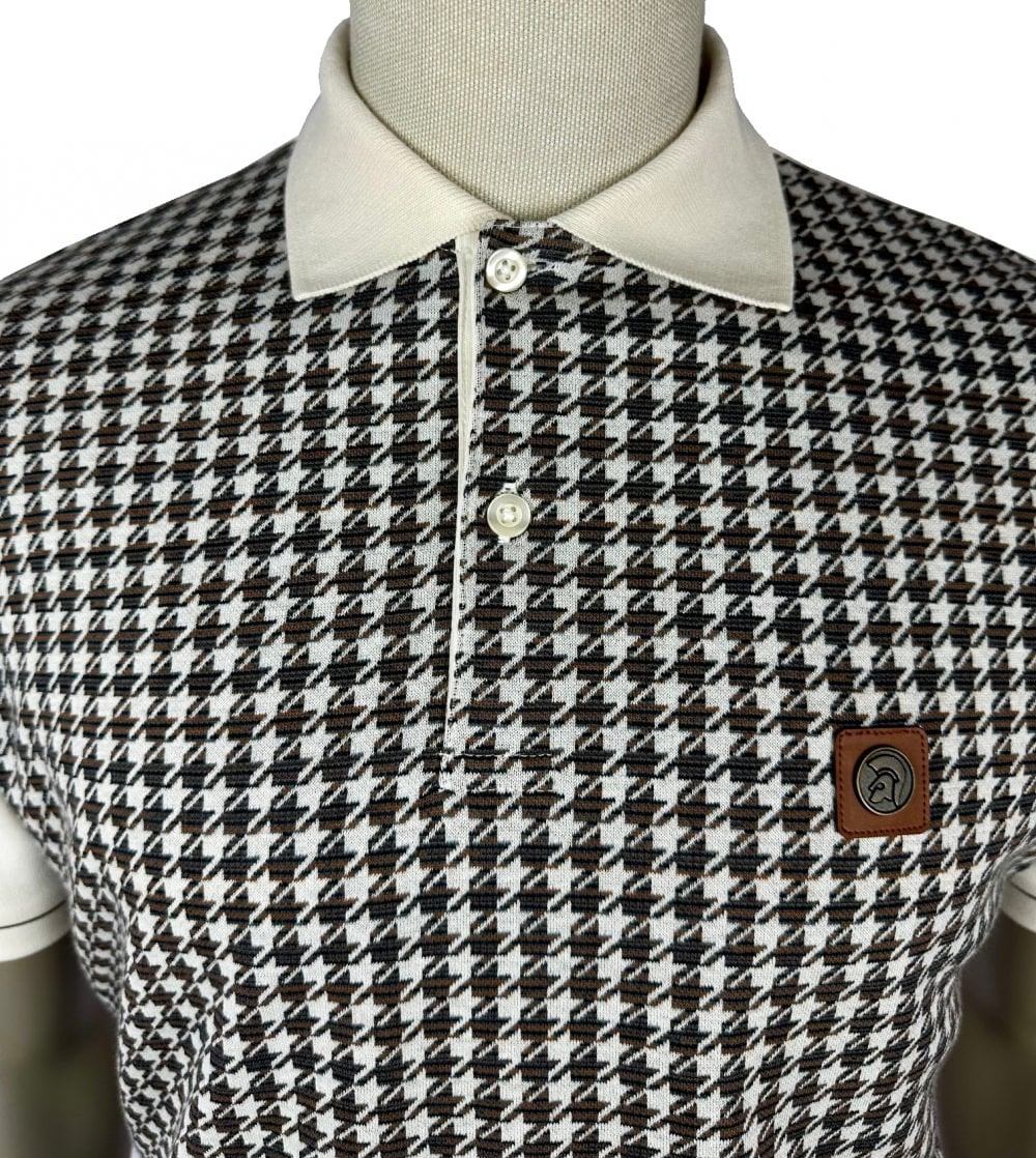 Trojan Records Houndstooth Panel Polo Shirt Ecru - Image 2