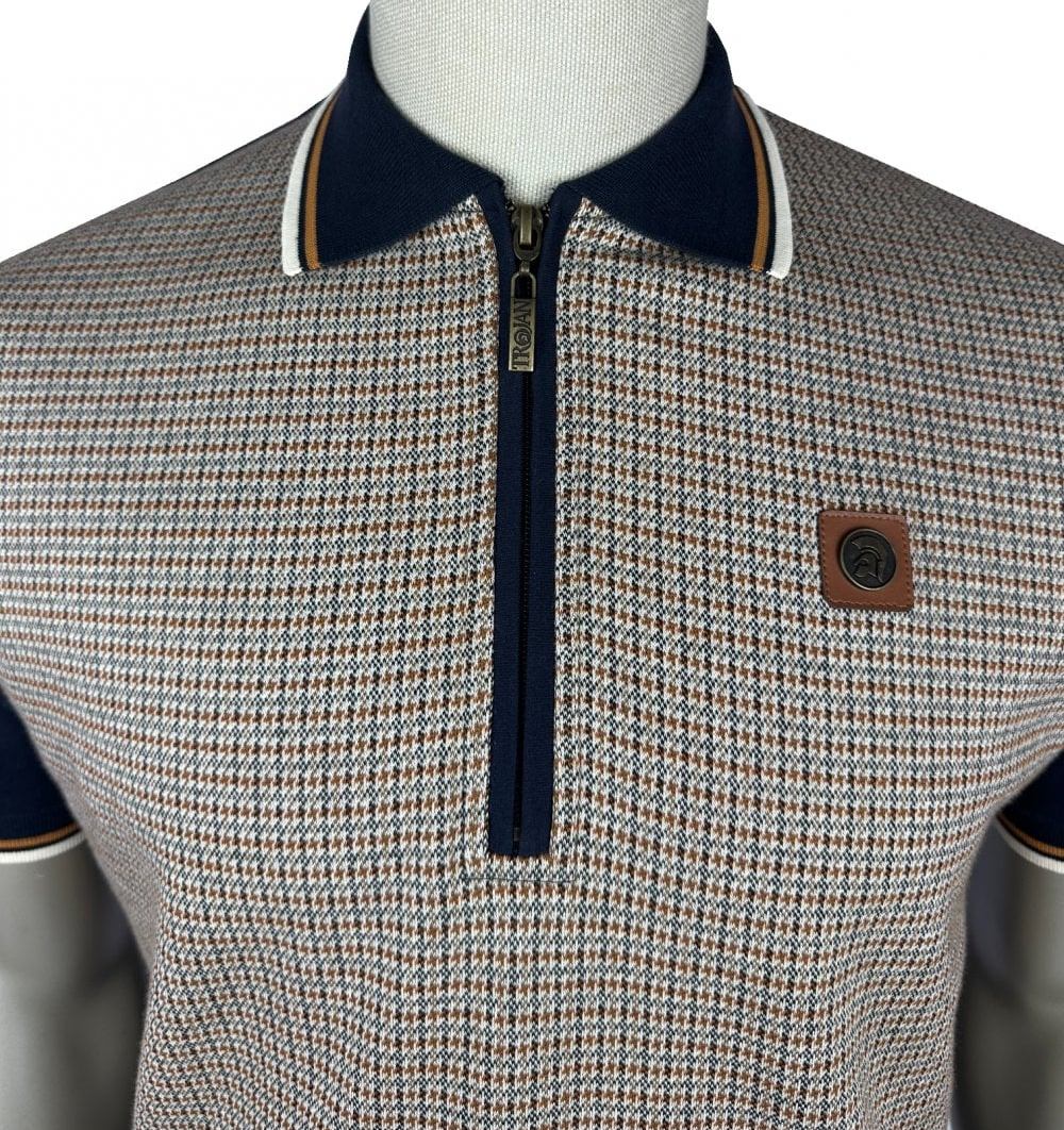 Trojan Records Houndstooth Panel Zip Polo Shirt Navy - Image 2