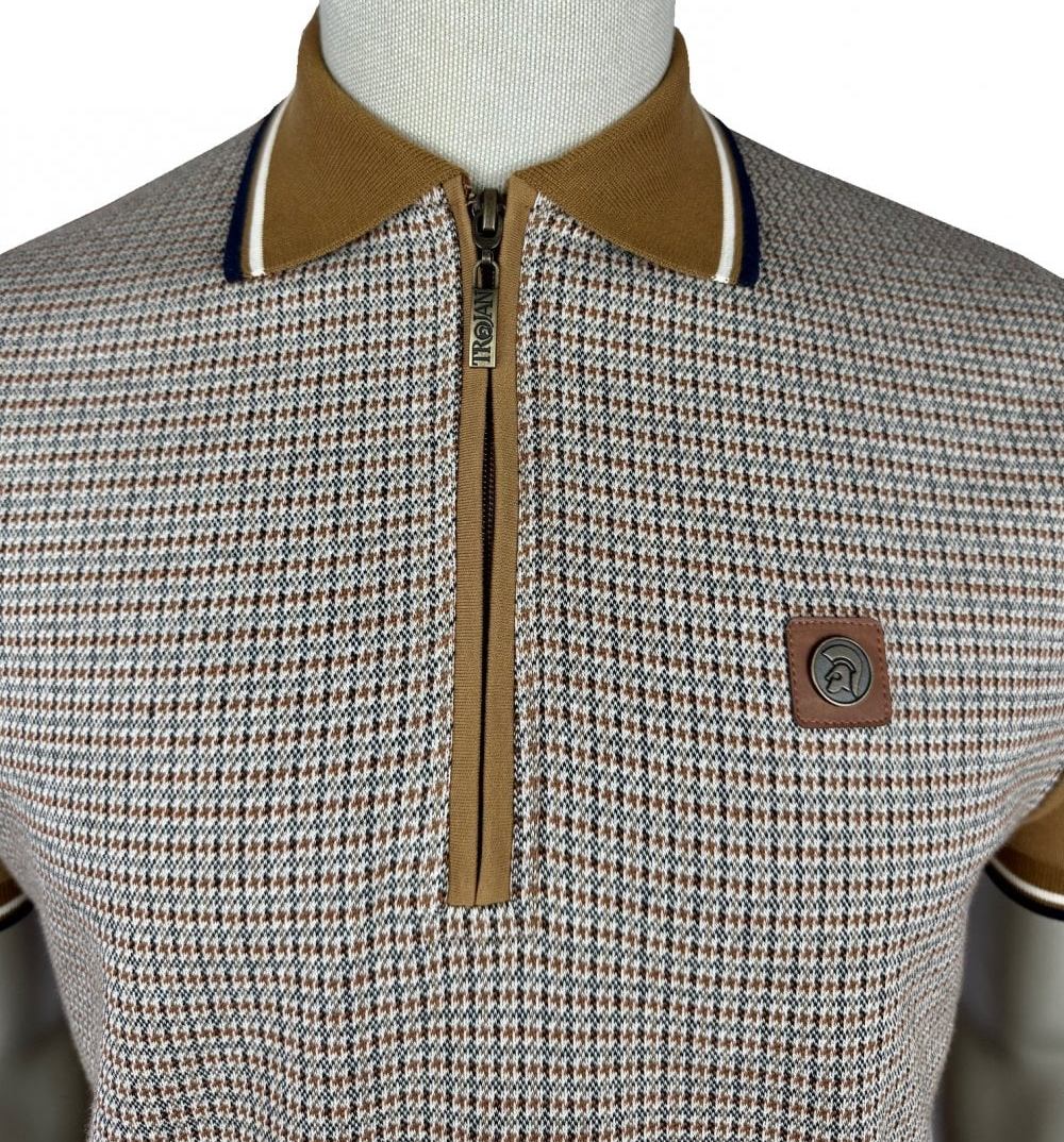 Trojan Records Houndstooth Panel Zip Polo Shirt Tan - Image 2