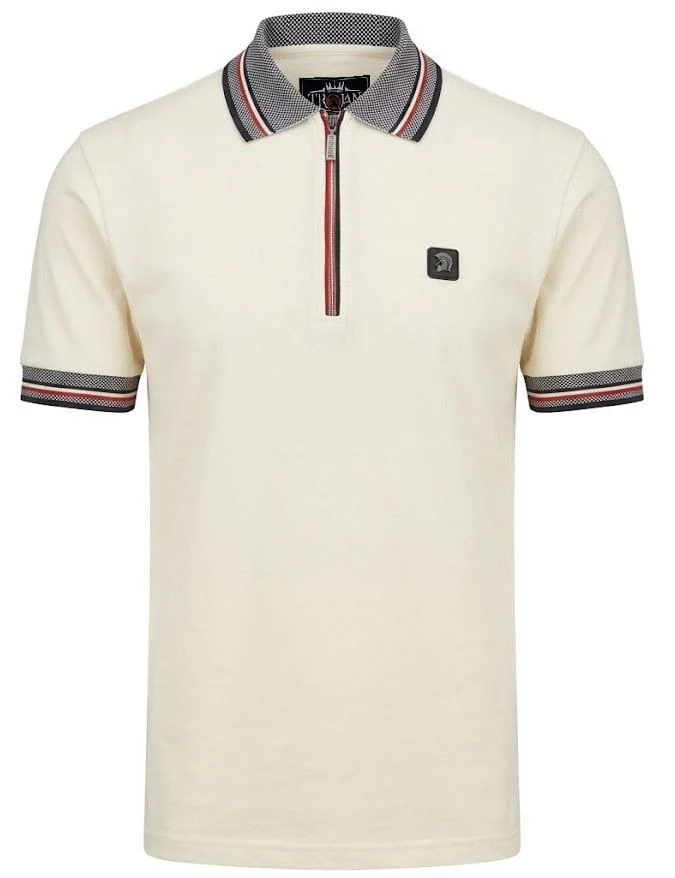 Trojan Records Oxford Collar Pique Zip Polo Shirt Ecru