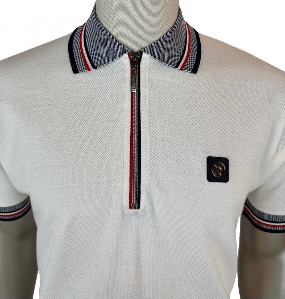 Trojan Records Oxford Collar Pique Zip Polo Shirt Ecru - Image 2