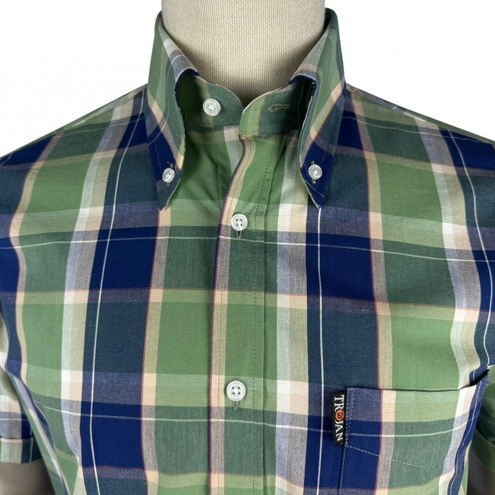 Trojan Records Windowpane Check Shirt With Pocket Square Navy - Image 2