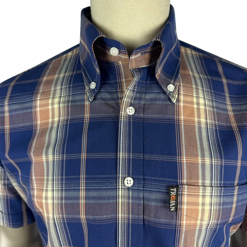 Trojan Records Windowpane Check Shirt With Pocket Square Navy - Image 2